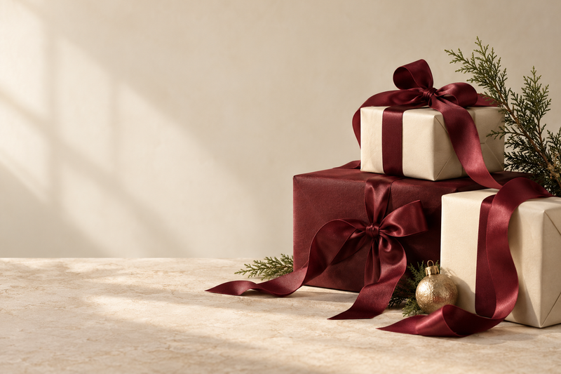 Composition de cadeaux ivoire et bordeaux, décor de la collection de fêtes HANORA
