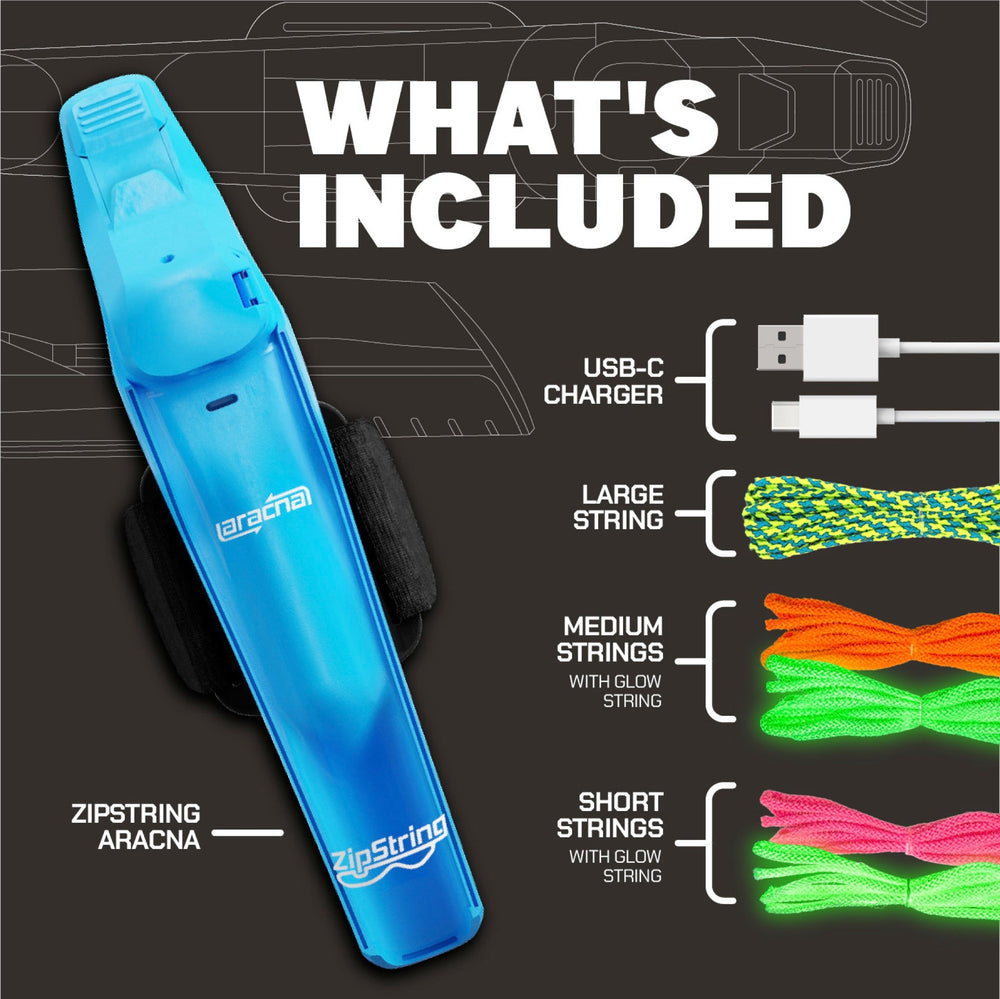 Contenu du coffret ZipString Aracna : appareil, câble USB-C et ficelles